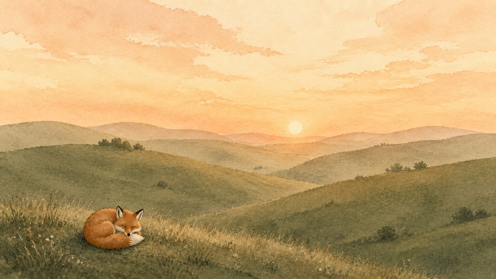 Sage curled asleep on an evening hillside